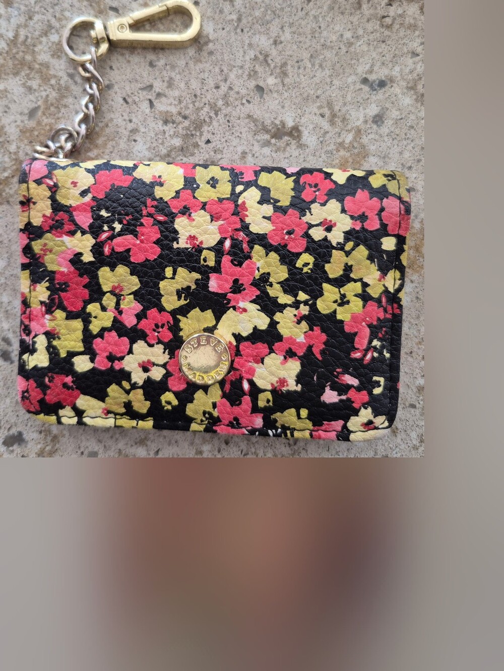 Steve Madden Floral Card Holder Keychain - Black with Pink & Yellow Flowers